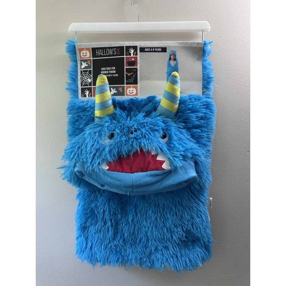 Hallows Eve Kids Blue Monster Faux Fur Hooded Throw Blanket 36x56 Wearable Wrap